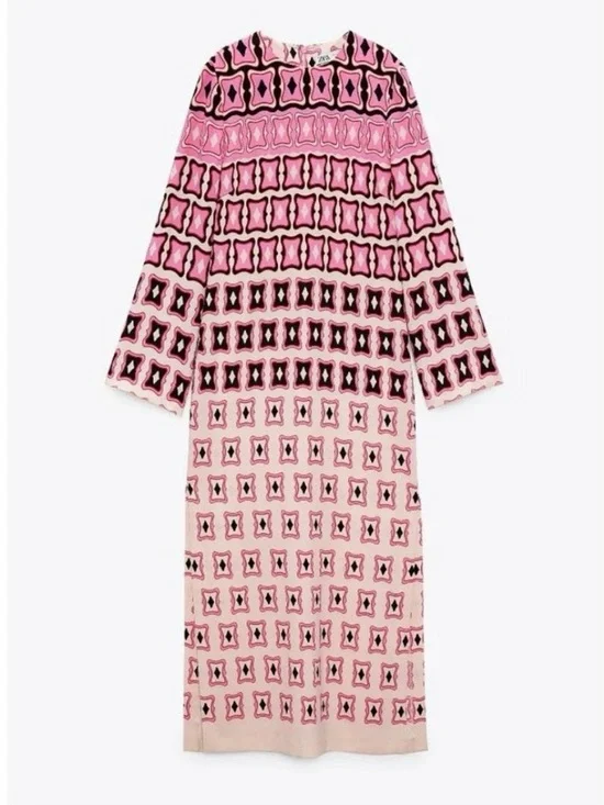 Zara Pink Geometric Midi Maxi Dress Size S - Picture 5 of 9